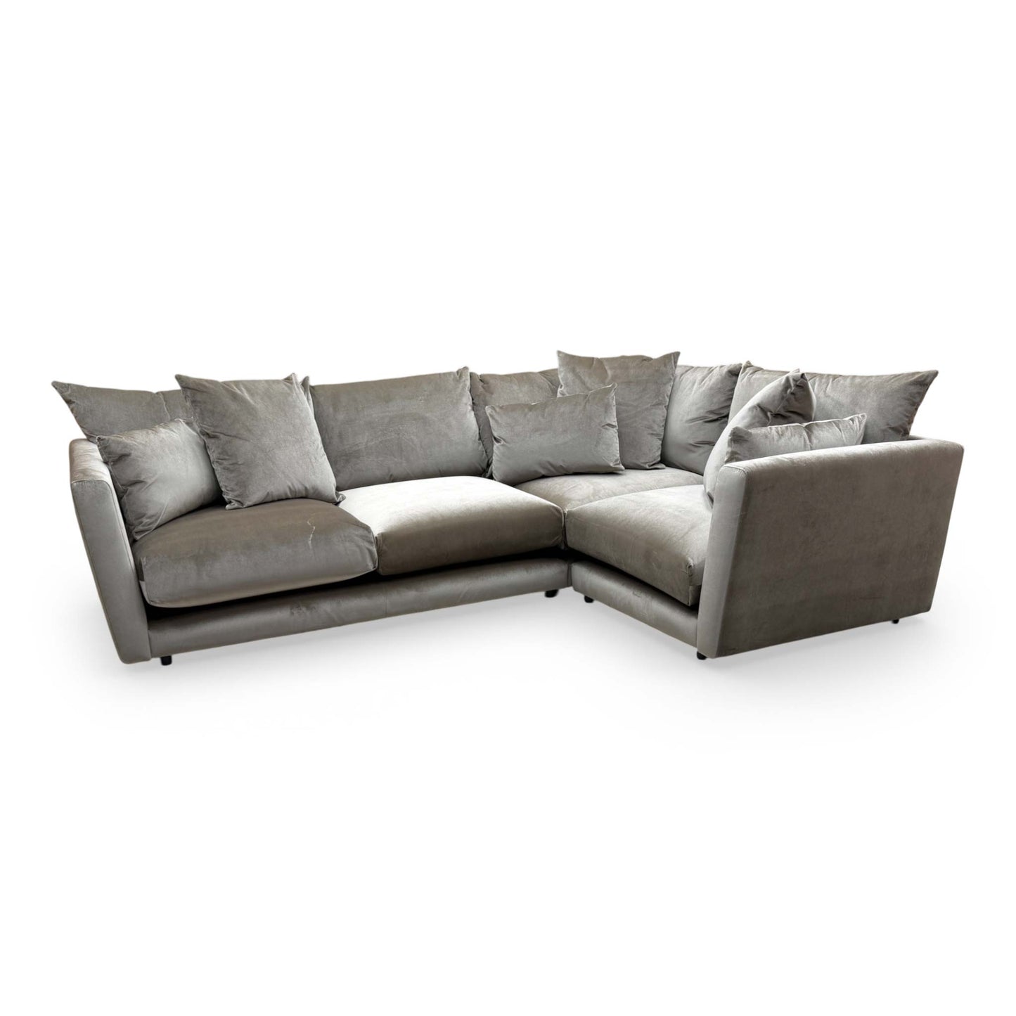 Side angle of the 'Ponti' mink velvet corner sofa, highlighting the generous seating area and elegant velvet upholstery.