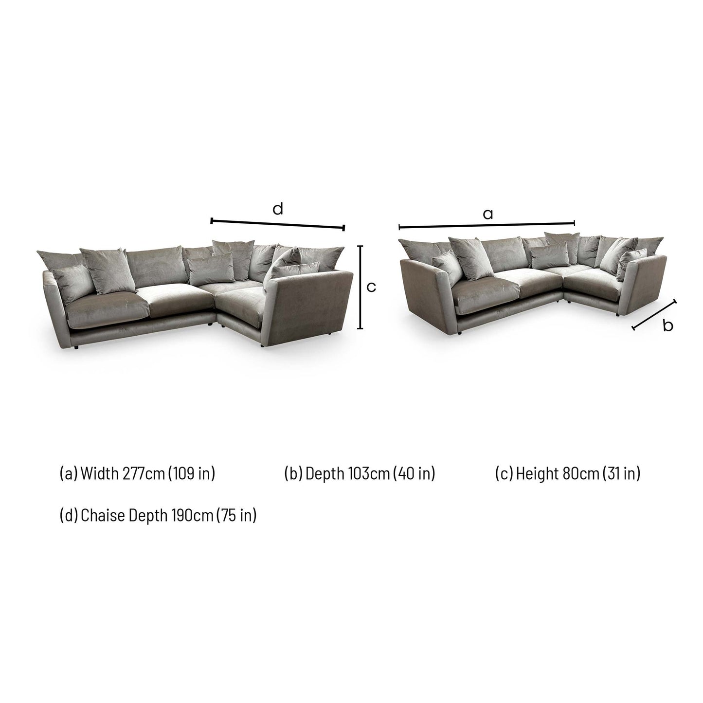Technical dimension diagram for the Ashley Manor 'Ponti' Mink Velvet Corner Sofa.