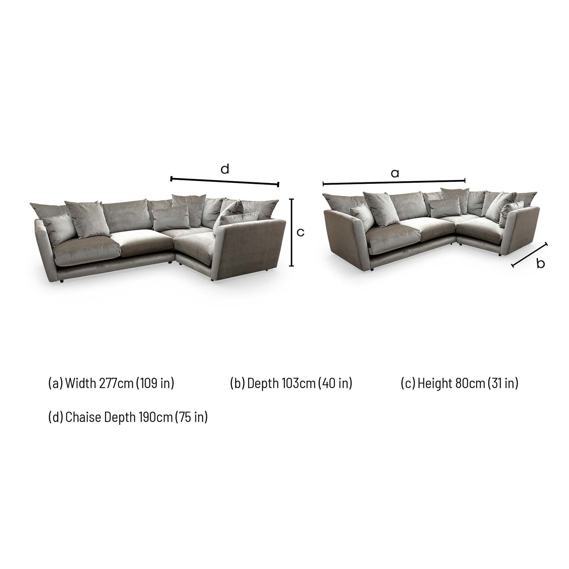 Technical dimension diagram for the Ashley Manor 'Ponti' Mink Velvet Corner Sofa.