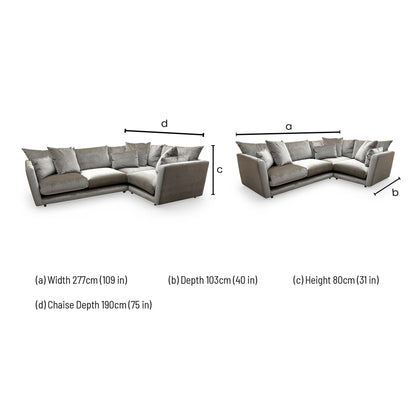 Technical dimension diagram for the Ashley Manor 'Ponti' Mink Velvet Corner Sofa.