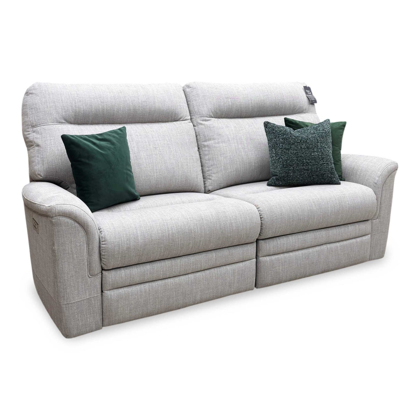 Side view of the Hudson power recliner features, showcasing the quiet, smooth motion of the reclining mechanism and the fabric texture.