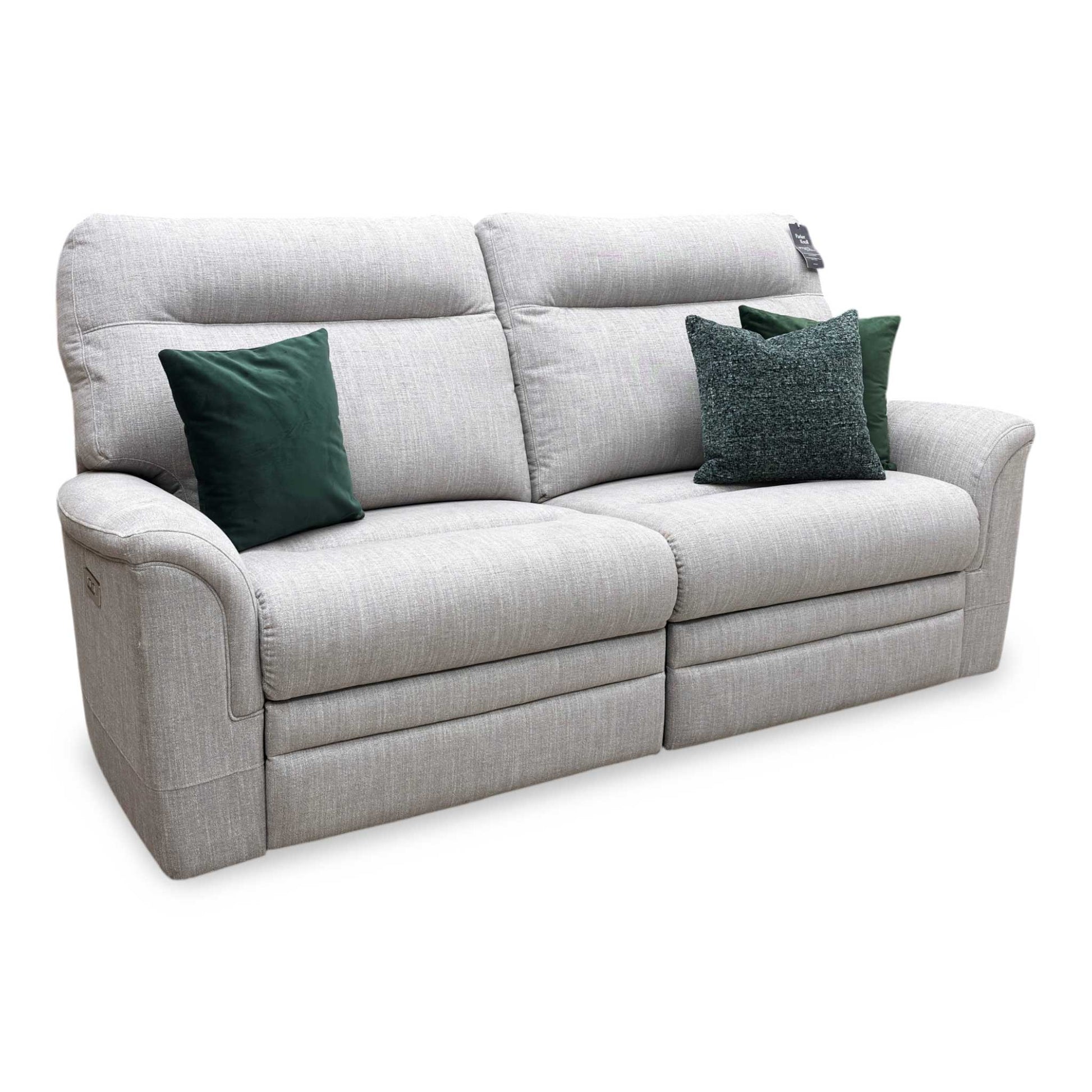 Side view of the Hudson power recliner features, showcasing the quiet, smooth motion of the reclining mechanism and the fabric texture.