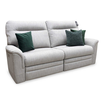Side view of the Hudson power recliner features, showcasing the quiet, smooth motion of the reclining mechanism and the fabric texture.