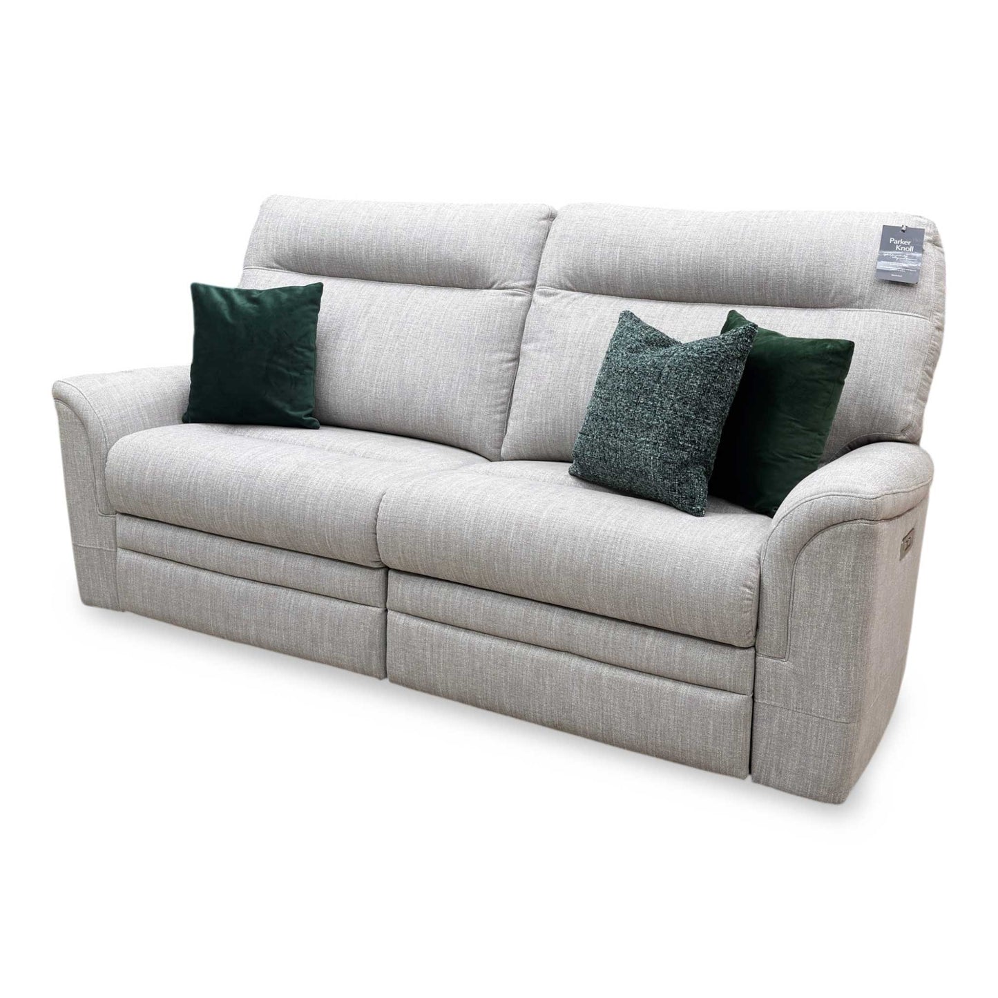 Side view of the Hudson power recliner features, showcasing the quiet, smooth motion of the reclining mechanism and the fabric texture.