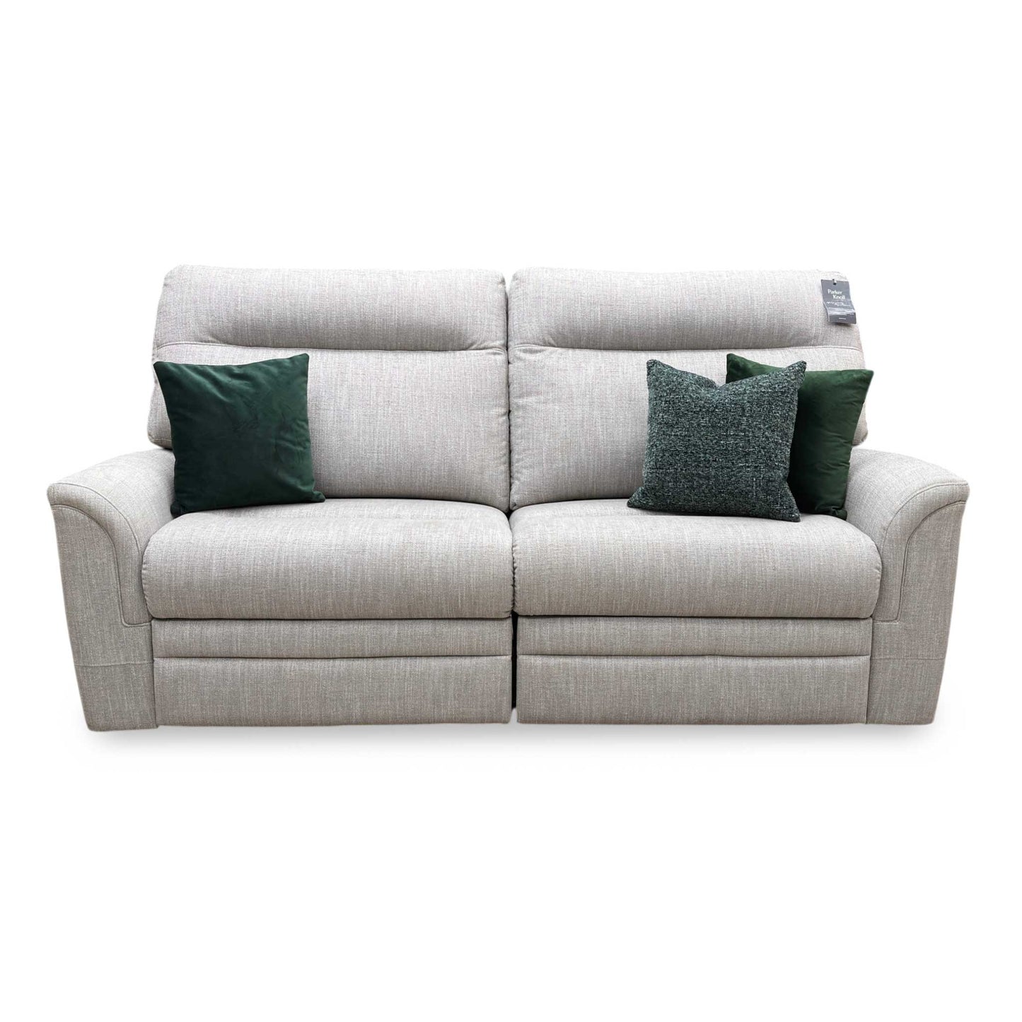 Front view of the Parker Knoll ‘Hudson’ Large 2-Seater Power Recliner Sofa in Hatton Taupe, featuring a high, supportive tiered back design and deeply cushioned seats.
