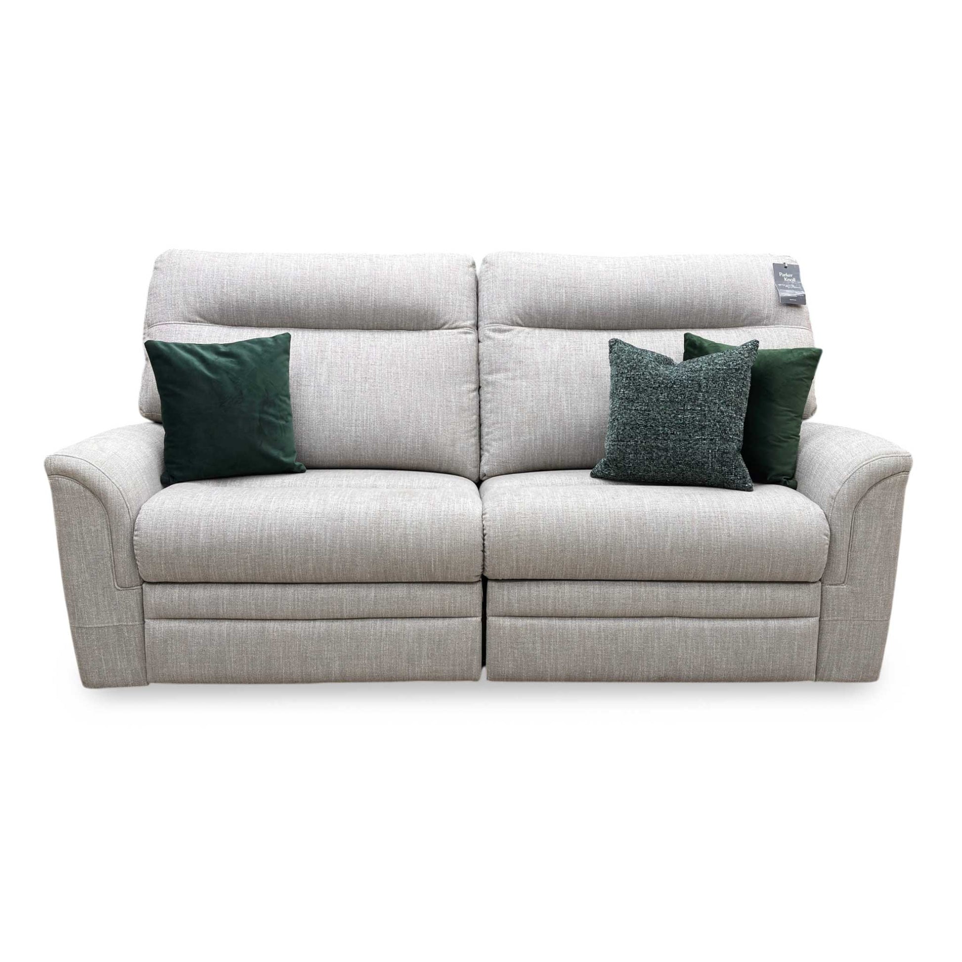 Front view of the Parker Knoll ‘Hudson’ Large 2-Seater Power Recliner Sofa in Hatton Taupe, featuring a high, supportive tiered back design and deeply cushioned seats.