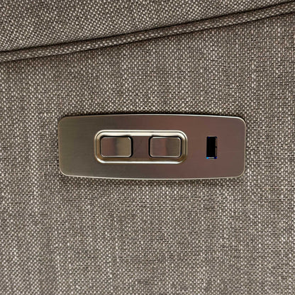 Close-up of the integrated brushed chrome side control panel, featuring intuitive buttons for seamless power recline adjustments.