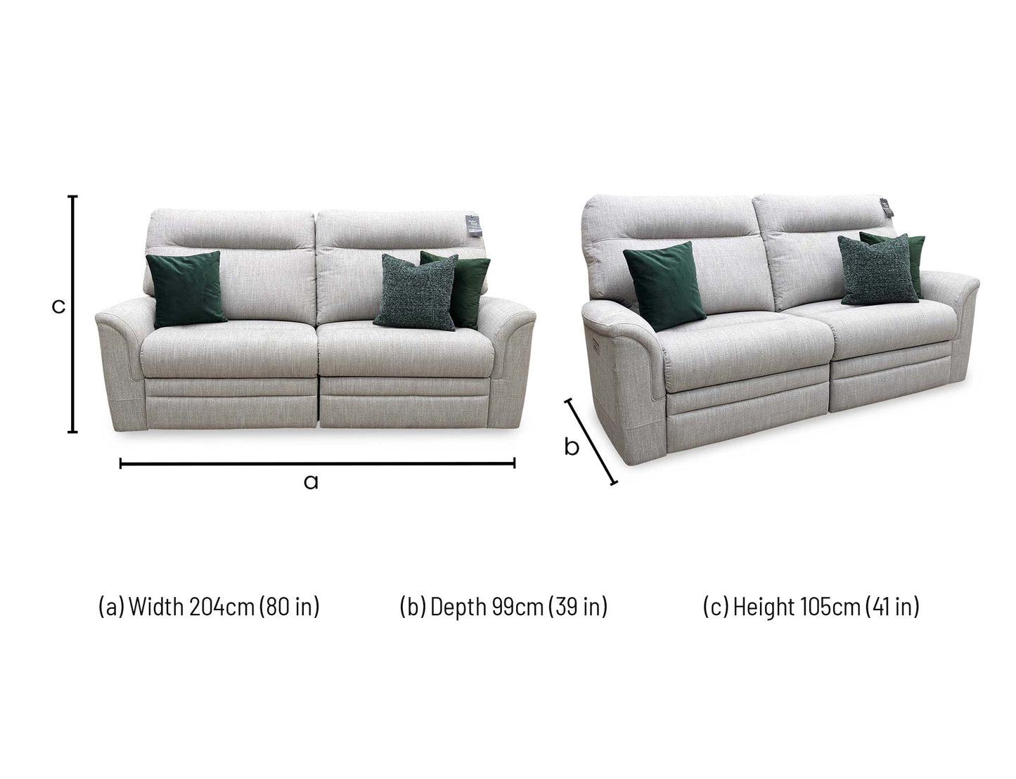 Technical dimension diagram for the Parker Knoll ‘Hudson’ Hatton Taupe Fabric Large 2-Seater Power Recliner Sofa: Width 198cm, Depth 100cm, Height 100cm.