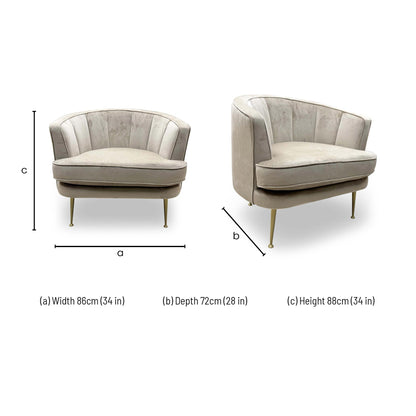 Dimensions for the ‘Enchanted’ Latte Sensual Velvet Accent Chair.
