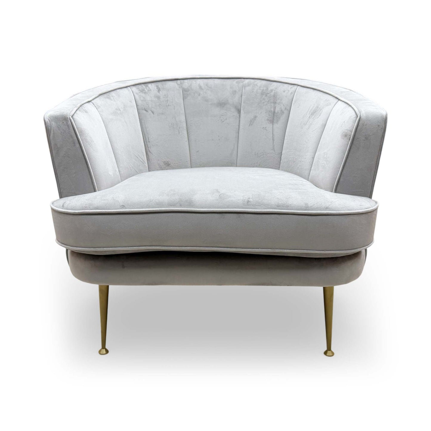 Front view of the DFS ‘Enchanted’ Accent Chair in silver sensual velvet, featuring a modern curved back and plush upholstered finish.