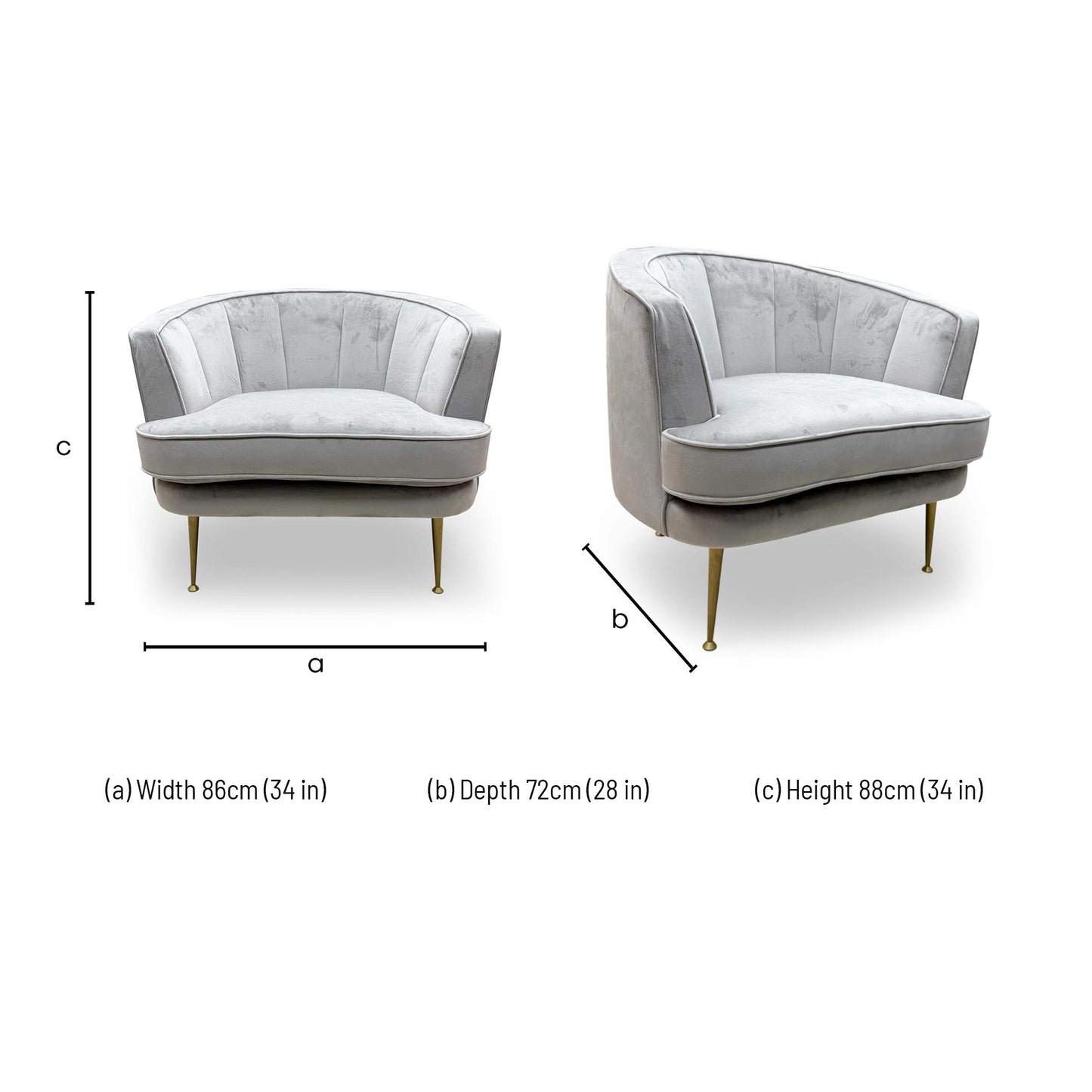 Dimensions for the DFS ‘Enchanted’ Silver Sensual Velvet Accent Chair.