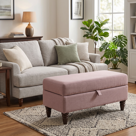 ‘Livie’ Blush Fabric Bench Storage Stool – view 2