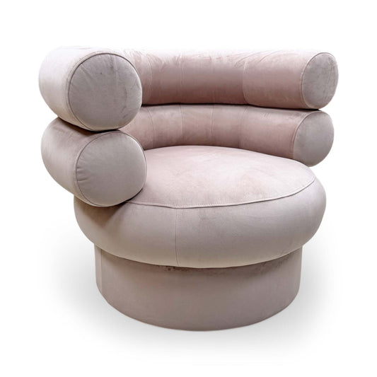 Full view of the Sofology ‘The Fitzrovia’ Accent Chair in blush matt velvet, featuring a minimalist design and soft, rounded silhouette.