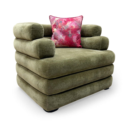 Full view of the Sofology ‘Stacked’ Armchair in olive green chenille fabric, featuring a modern low-profile design and plush cushioning.
