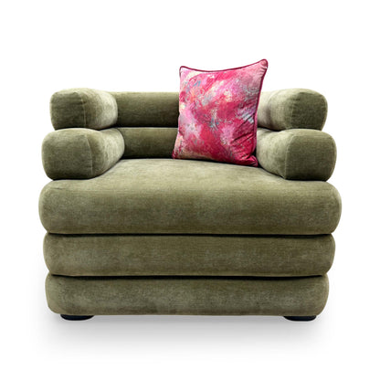 Front view of the Sofology ‘Stacked’ Armchair in olive green chenille fabric, featuring a modern low-profile design and plush cushioning.