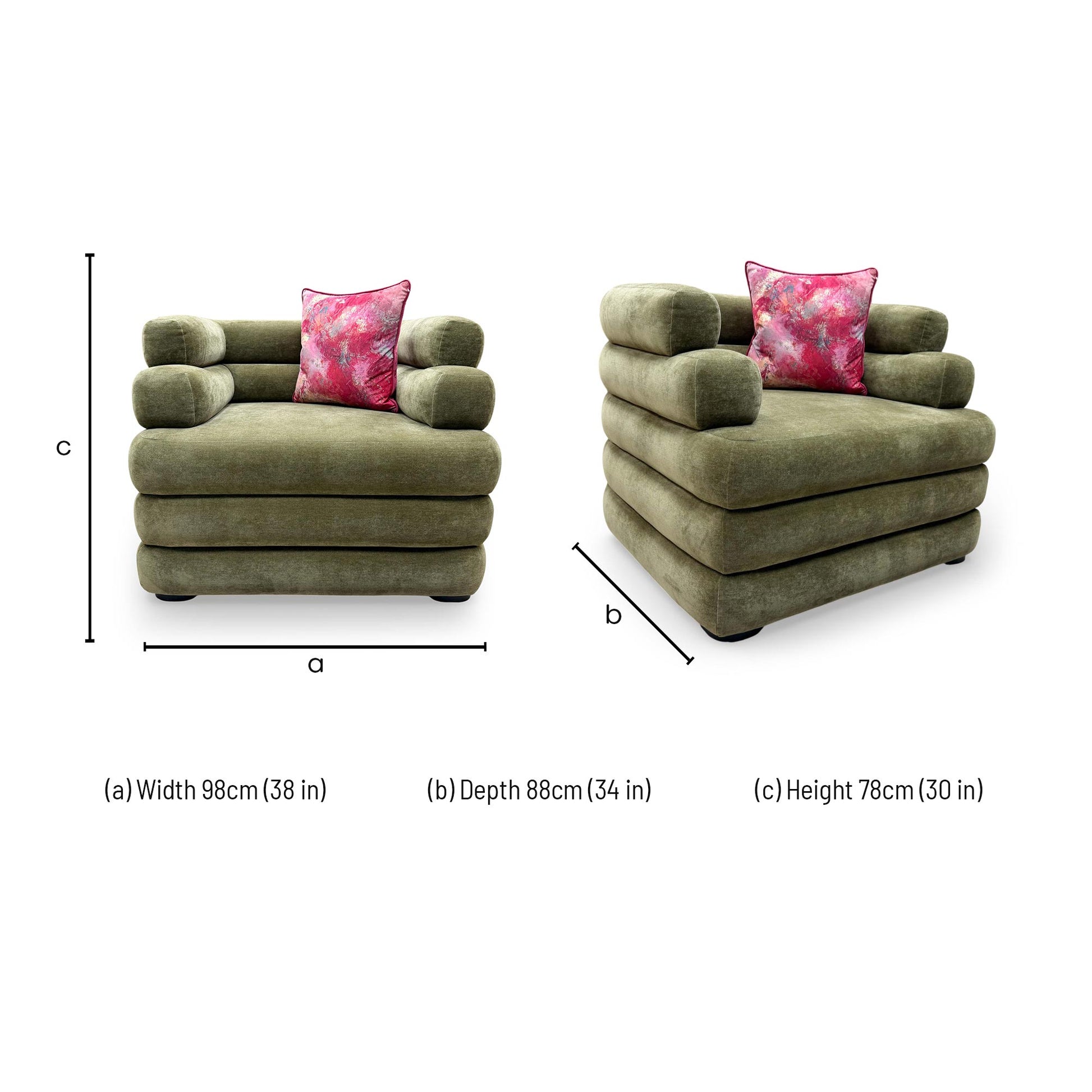Dimensions for the Sofology ‘Stacked’ Olive Green Chenille Fabric Armchair.