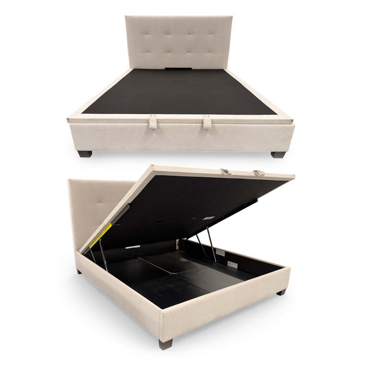 Front view of the 'Hadley' Super King Ottoman Bed Frame in oatmeal fabric, featuring a tall button-tufted headboard and modern upholstered design.