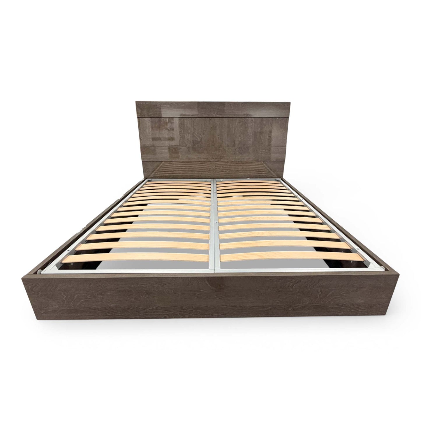 Front view of the 'Venezia' Italian Silver Birch Super King Bed Frame, featuring a sleek modern design and high-gloss silver birch finish.
