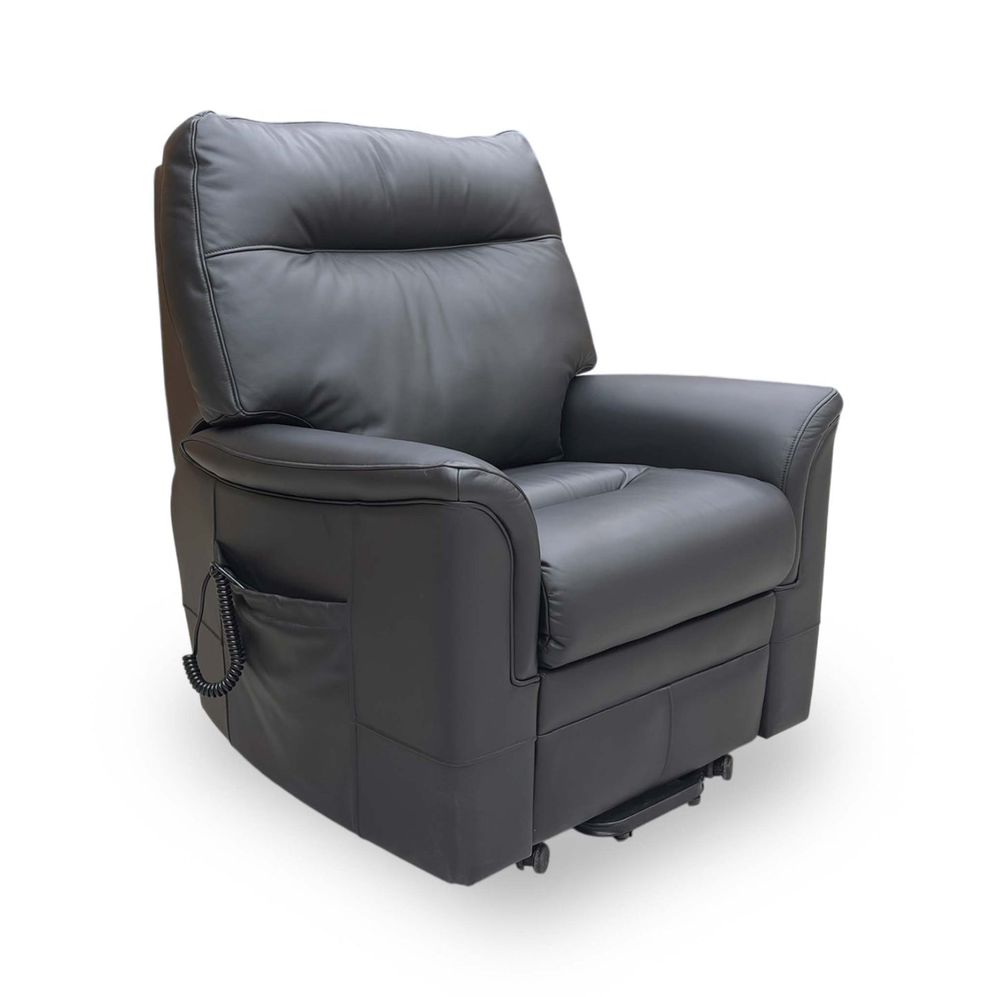Side profile of the Hudson chair, emphasizing the substantial armrest padding and the sleek, professional finish of the black leather.