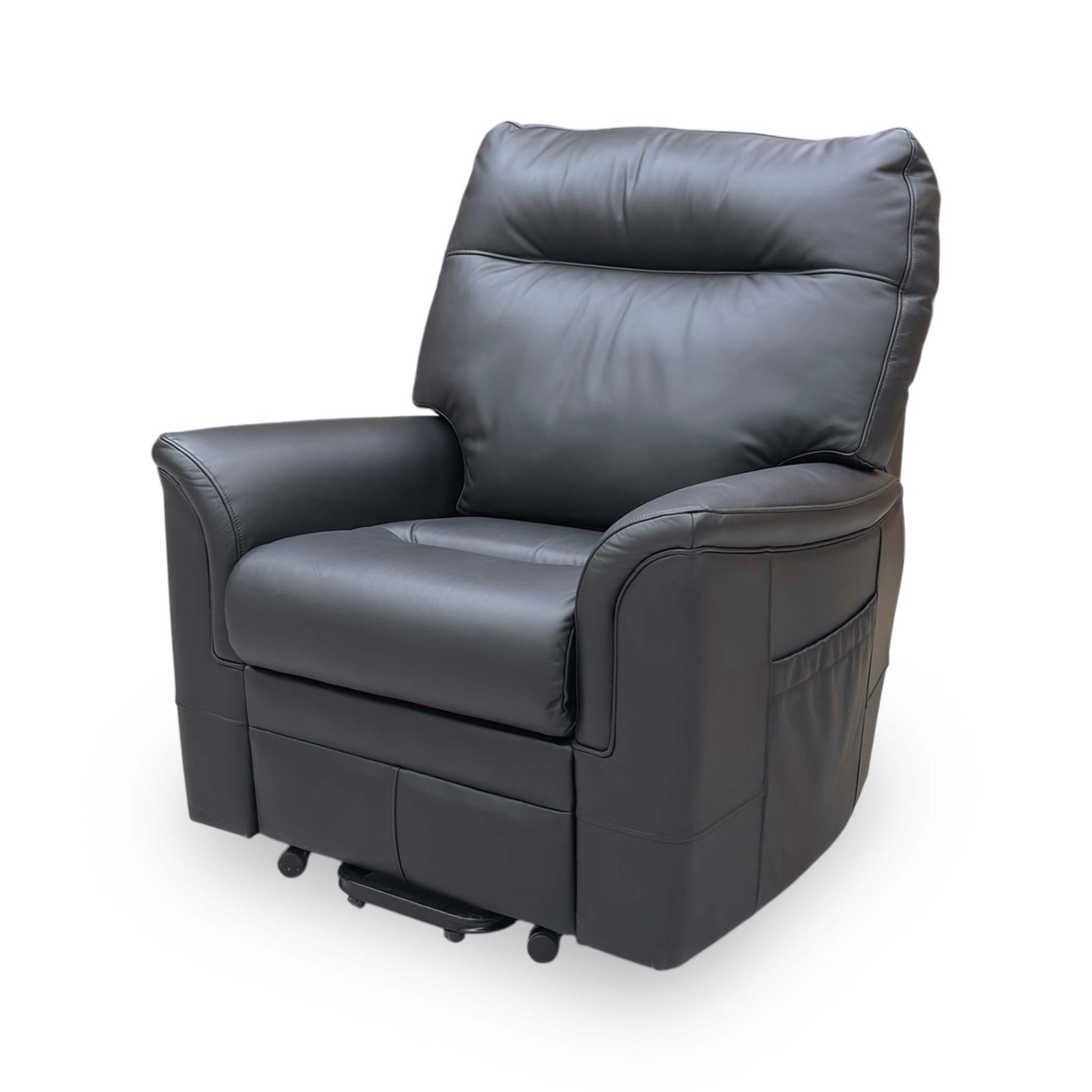 View of the Parker Knoll Hudson chair in a non reclined position, displaying the full-body support provided by the sprung seat and elasticated webbing back.