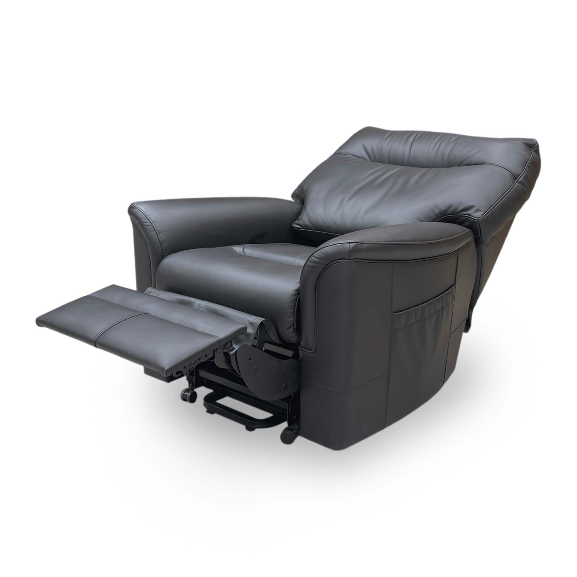 View of the Parker Knoll Hudson chair in a reclined position, displaying the full-body support provided by the sprung seat and elasticated webbing back.