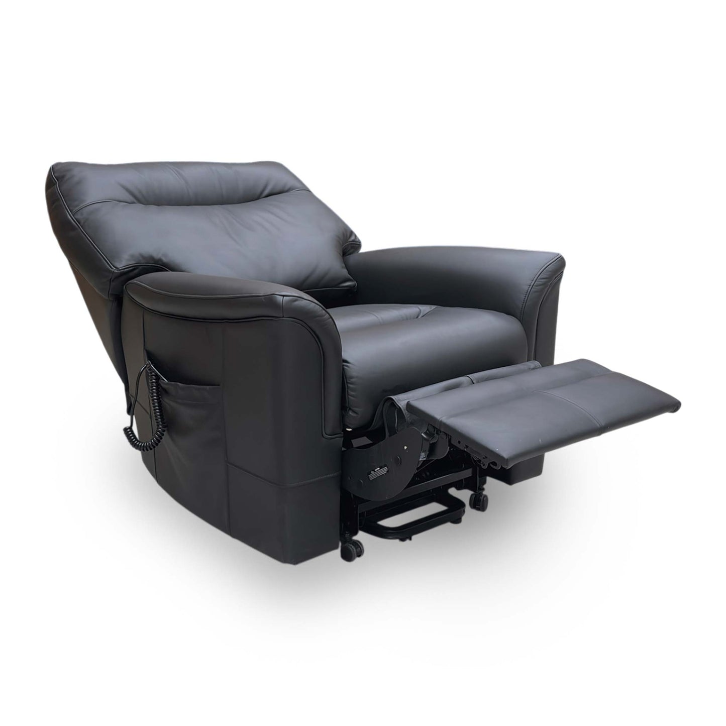 Side profile of the Hudson chair, emphasizing the substantial armrest padding and the sleek, professional finish of the black leather.