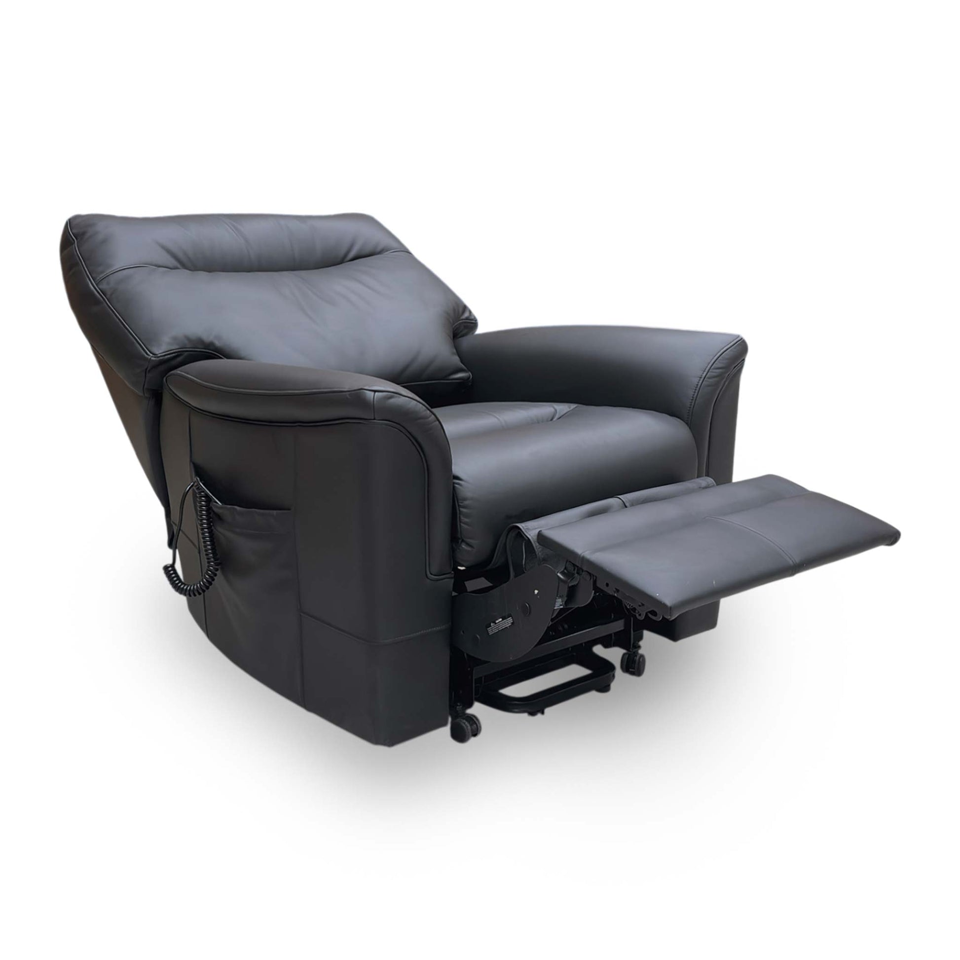 Side profile of the Hudson chair, emphasizing the substantial armrest padding and the sleek, professional finish of the black leather.