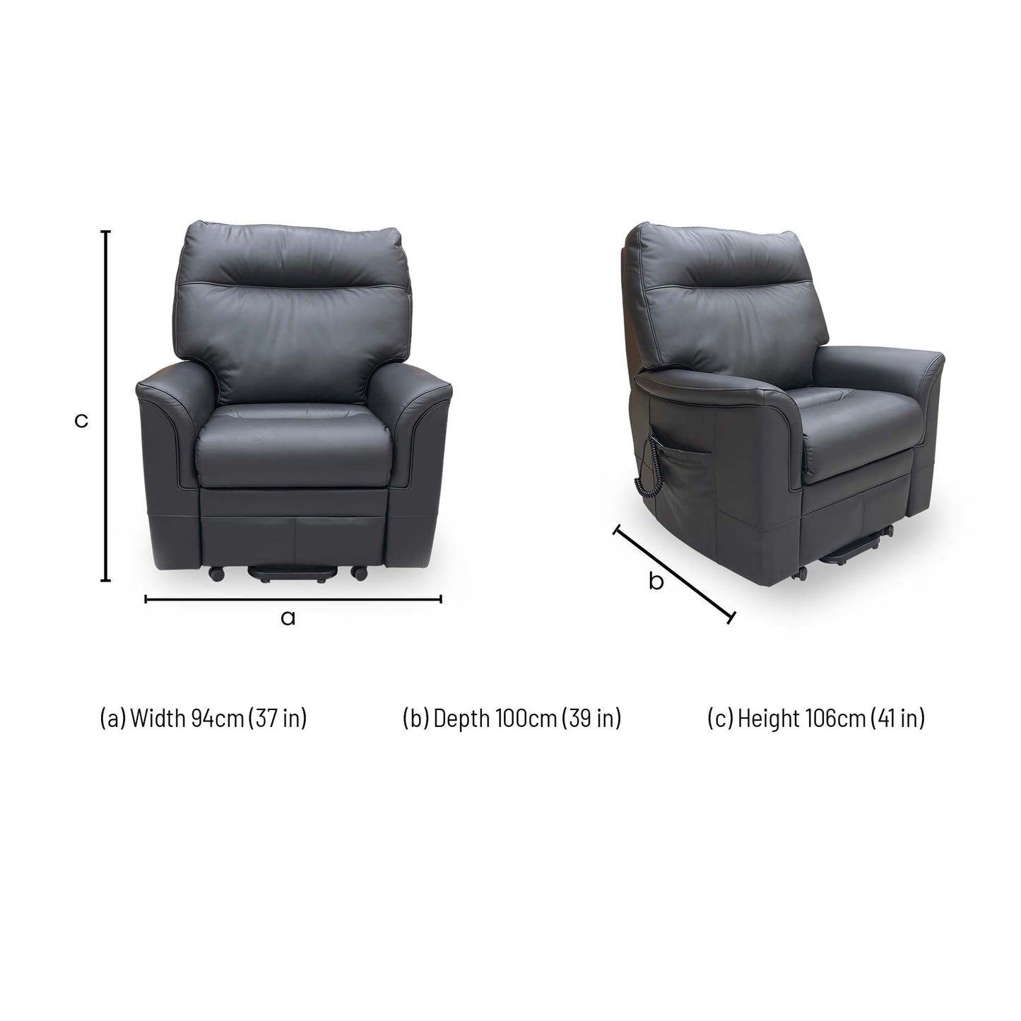 Technical dimension diagram for the ‘Hudson’ Como Black Leather Lift and Rise Chair.