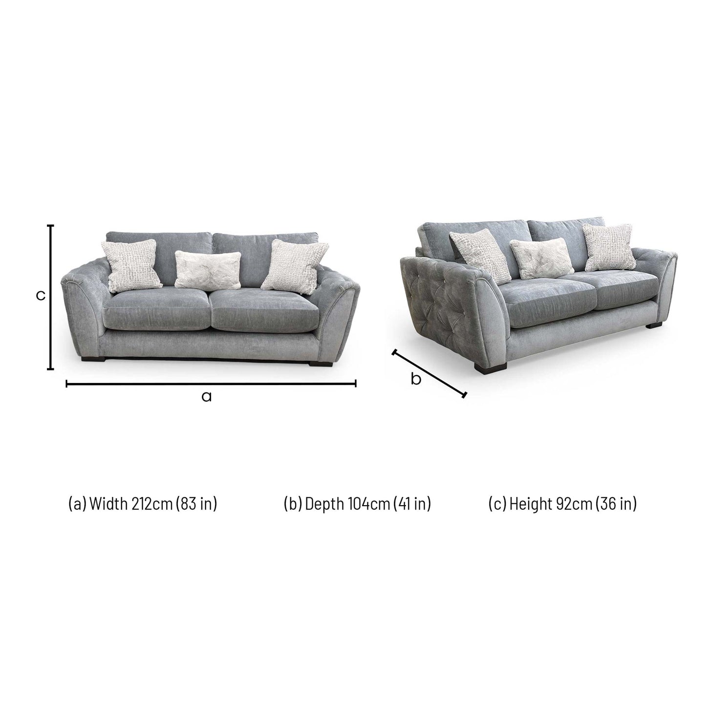 Dimensions for the Furniture Village 'Aphrodite' California Dolphin Grey Fabric 3 Seater Sofa
