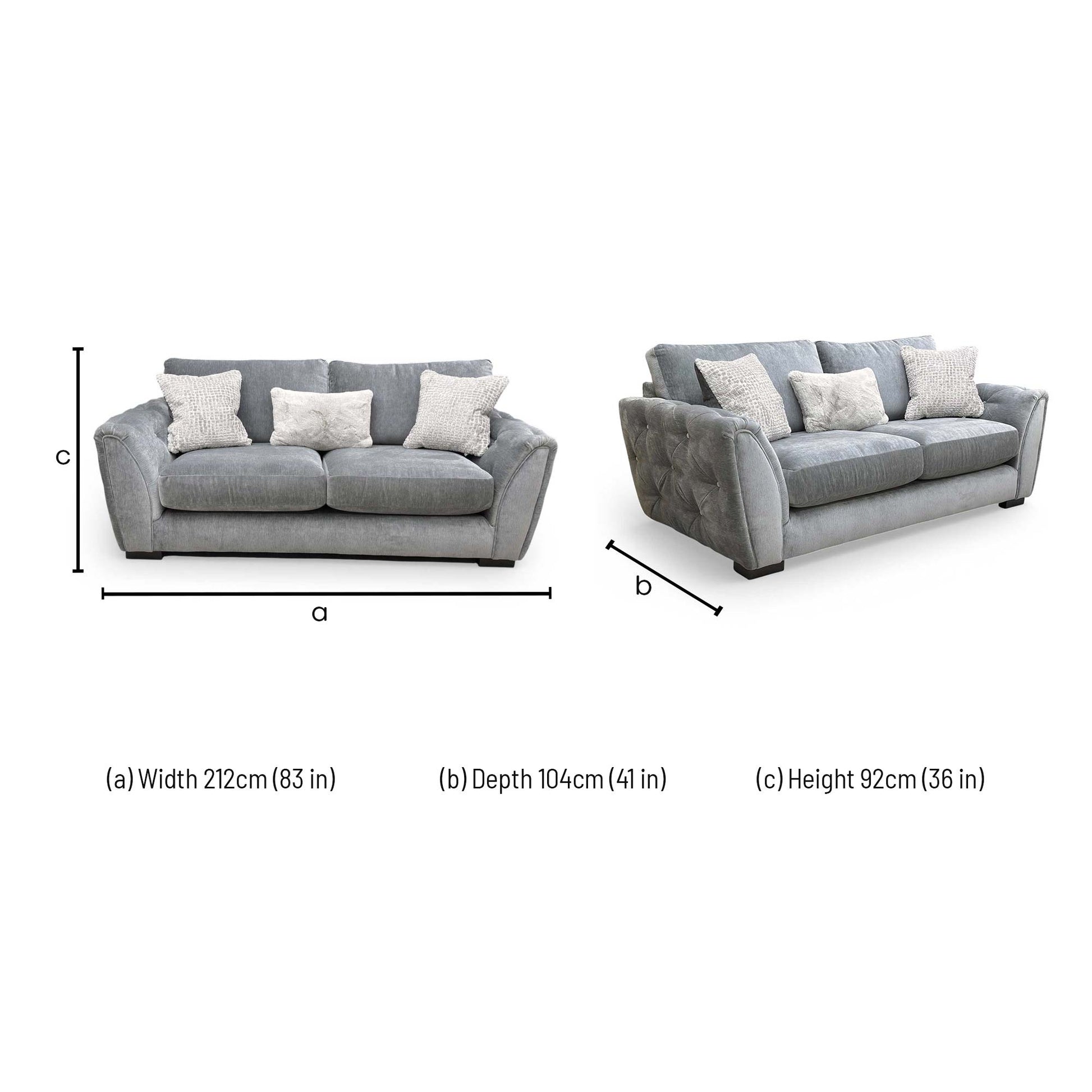 Dimensions for the Furniture Village 'Aphrodite' California Dolphin Grey Fabric 3 Seater Sofa