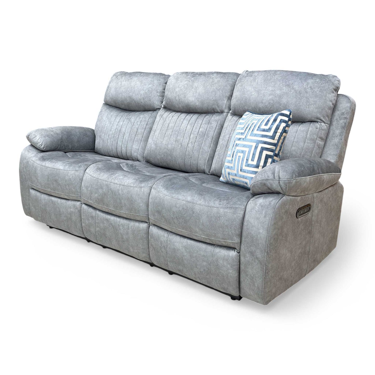 ‘Brystol’ Dapple Grey Velvet 3 Seater Power Recliner Sofa with Drop Down Cup Holder