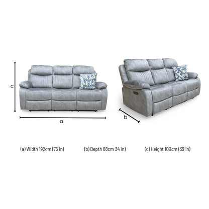 ‘Brystol’ Dapple Grey Velvet 3 Seater Power Recliner Sofa with Drop Down Cup Holder