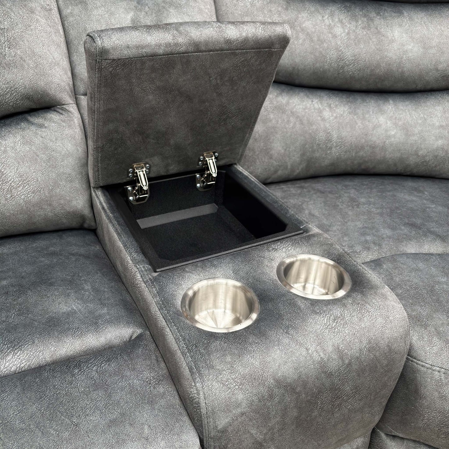 ‘Polly’ Dapple Grey Velvet Manual Recliner 2 Corner 2 Sofa with Cup Holder Console