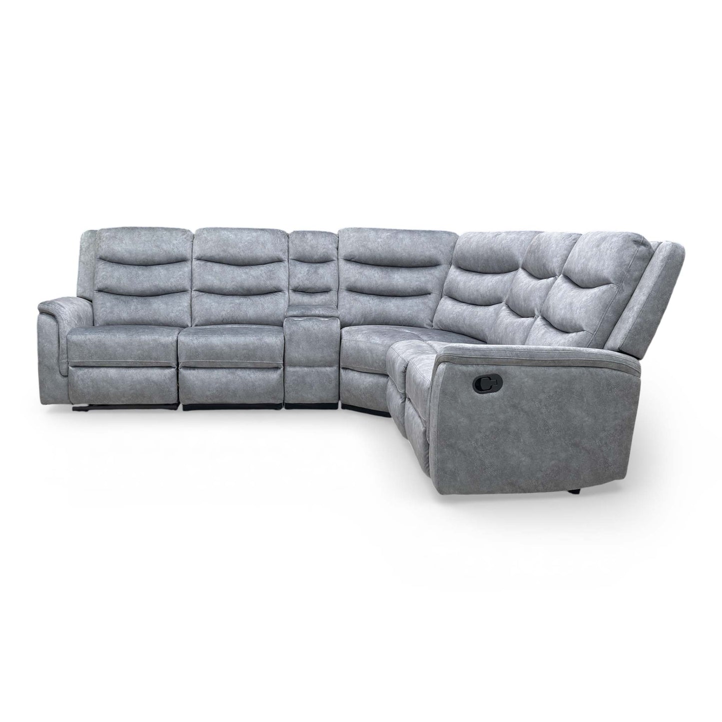 ‘Polly’ Dapple Grey Velvet Manual Recliner 2 Corner 2 Sofa with Cup Holder Console