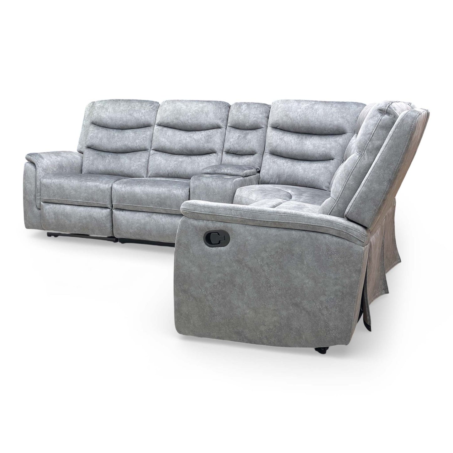 ‘Polly’ Dapple Grey Velvet Manual Recliner 2 Corner 2 Sofa with Cup Holder Console