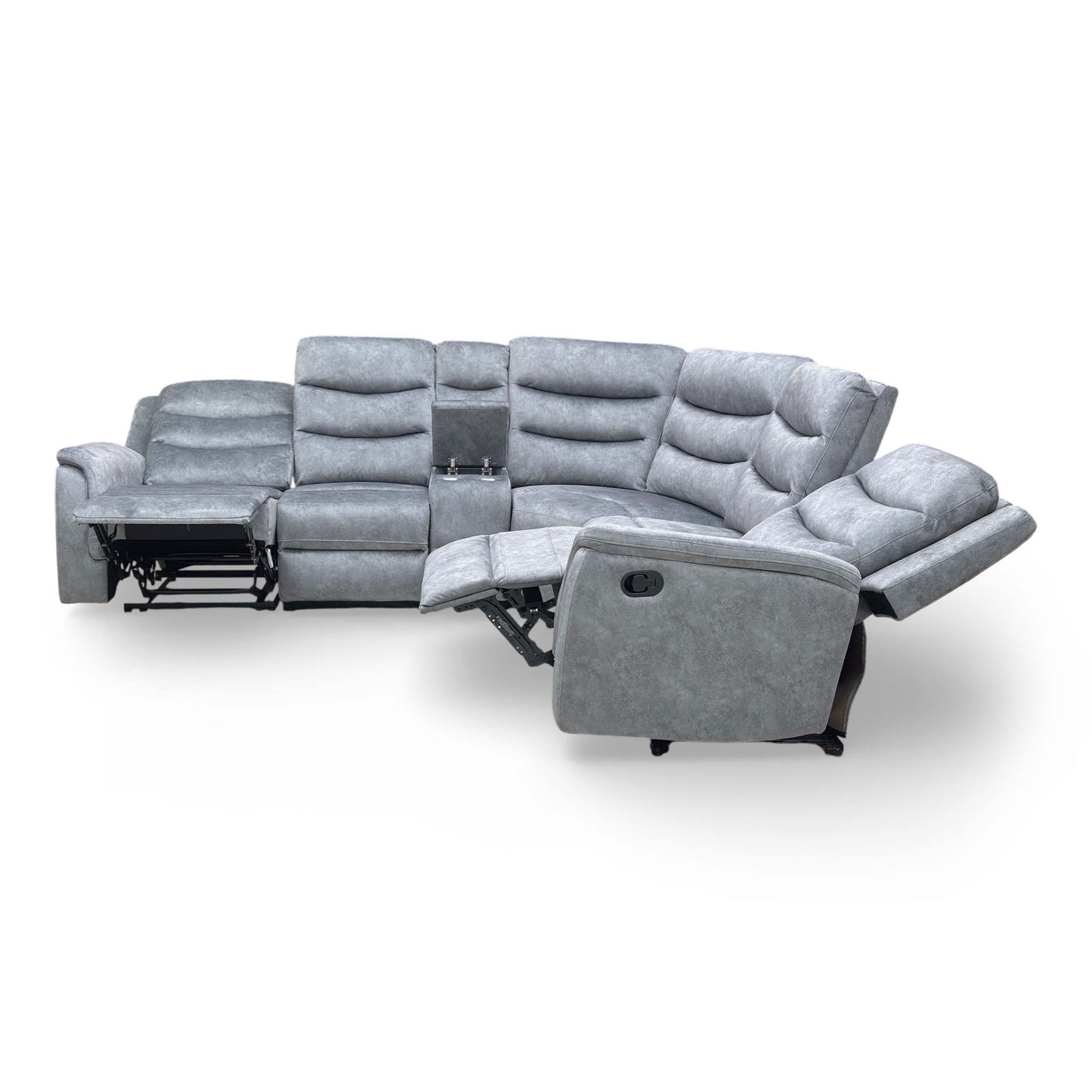 ‘Polly’ Dapple Grey Velvet Manual Recliner 2 Corner 2 Sofa with Cup Holder Console