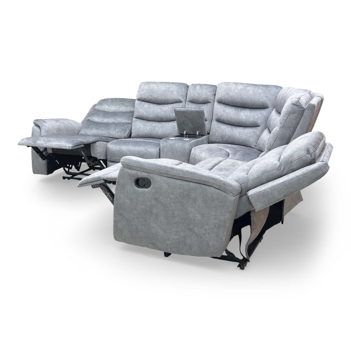 ‘Polly’ Dapple Grey Velvet Manual Recliner 2 Corner 2 Sofa with Cup Holder Console