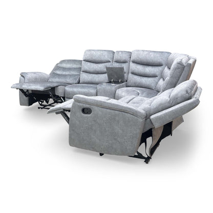 ‘Polly’ Dapple Grey Velvet Manual Recliner 2 Corner 2 Sofa with Cup Holder Console