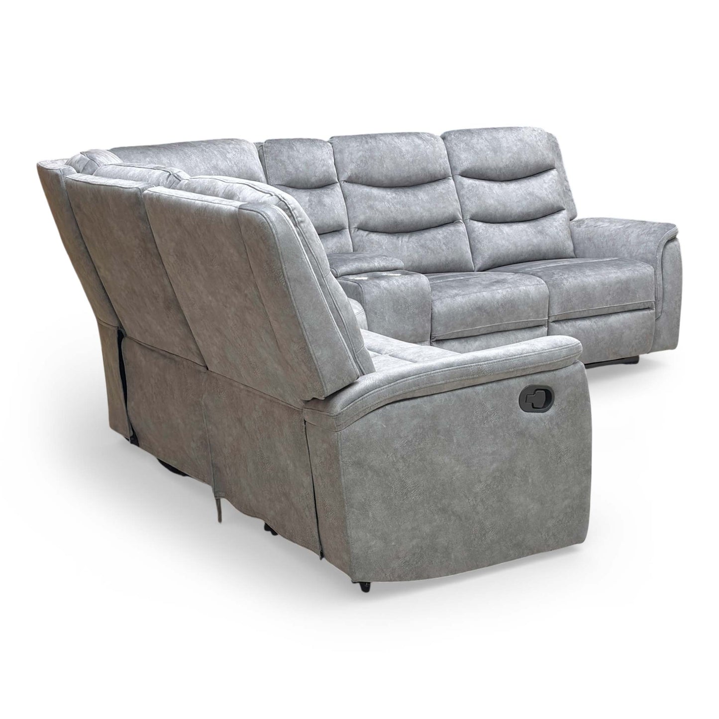‘Polly’ Dapple Grey Velvet Manual Recliner 2 Corner 2 Sofa with Cup Holder Console