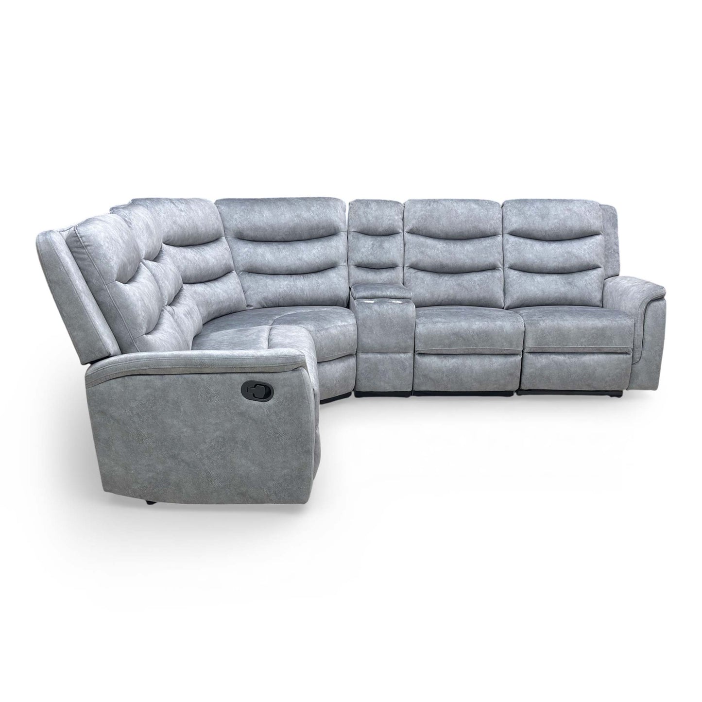 ‘Polly’ Dapple Grey Velvet Manual Recliner 2 Corner 2 Sofa with Cup Holder Console