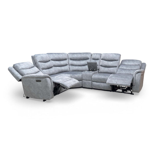 ‘Polly’ Dapple Grey Velvet Power Recliner 2 Corner 2 Sofa with Cup Holder Console