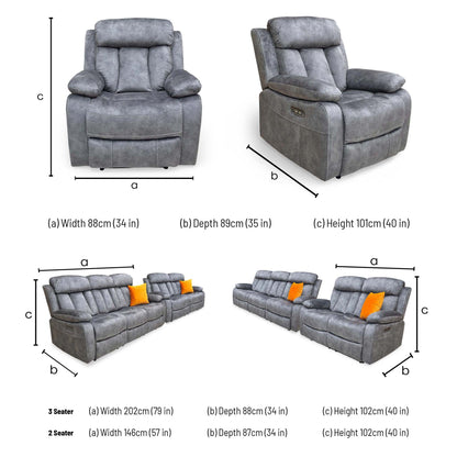 'Merrion' Dapple Charcoal Fabric 3 + 2 Seater Power Reclining Sofa Set with Drop-Down Cup Holders & Power Chair