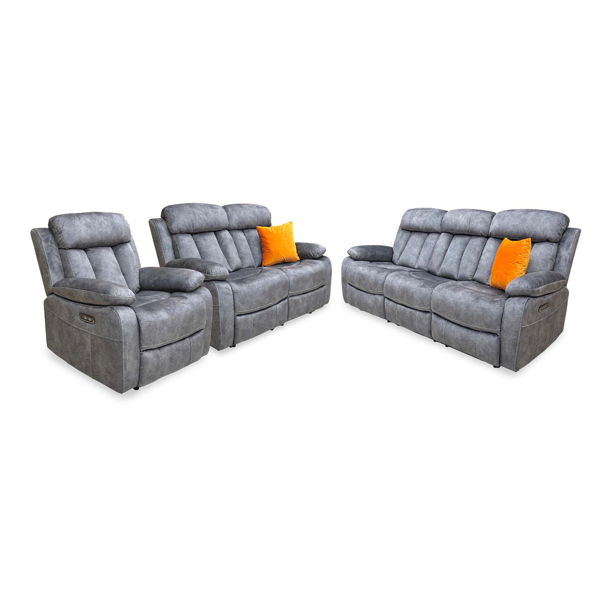 'Merrion' Dapple Charcoal Fabric 3 + 2 Seater Power Reclining Sofa Set with Drop-Down Cup Holders & Power Chair