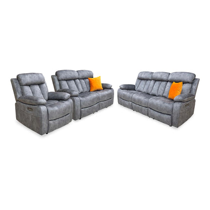 'Merrion' Dapple Charcoal Fabric 3 + 2 Seater Power Reclining Sofa Set with Drop-Down Cup Holders & Power Chair