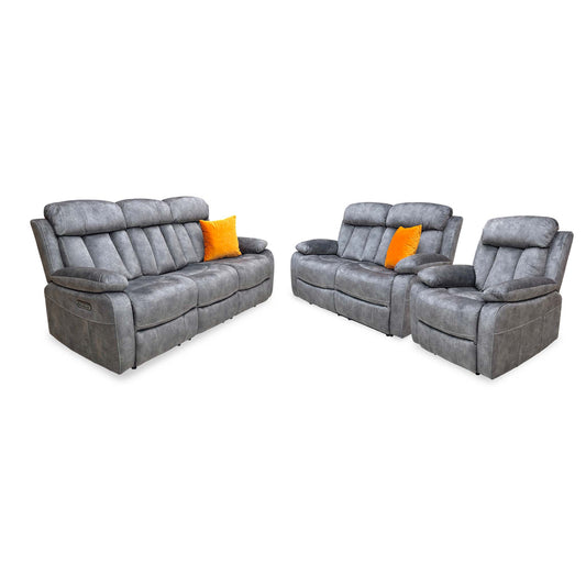 Merrion charcoal recliner set with the 3 seater sofa beside the 2 seater and power chair