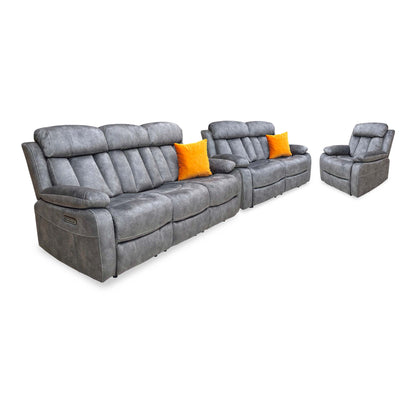 'Merrion' Dapple Charcoal Fabric 3 + 2 Seater Power Reclining Sofa Set with Drop-Down Cup Holders & Power Chair