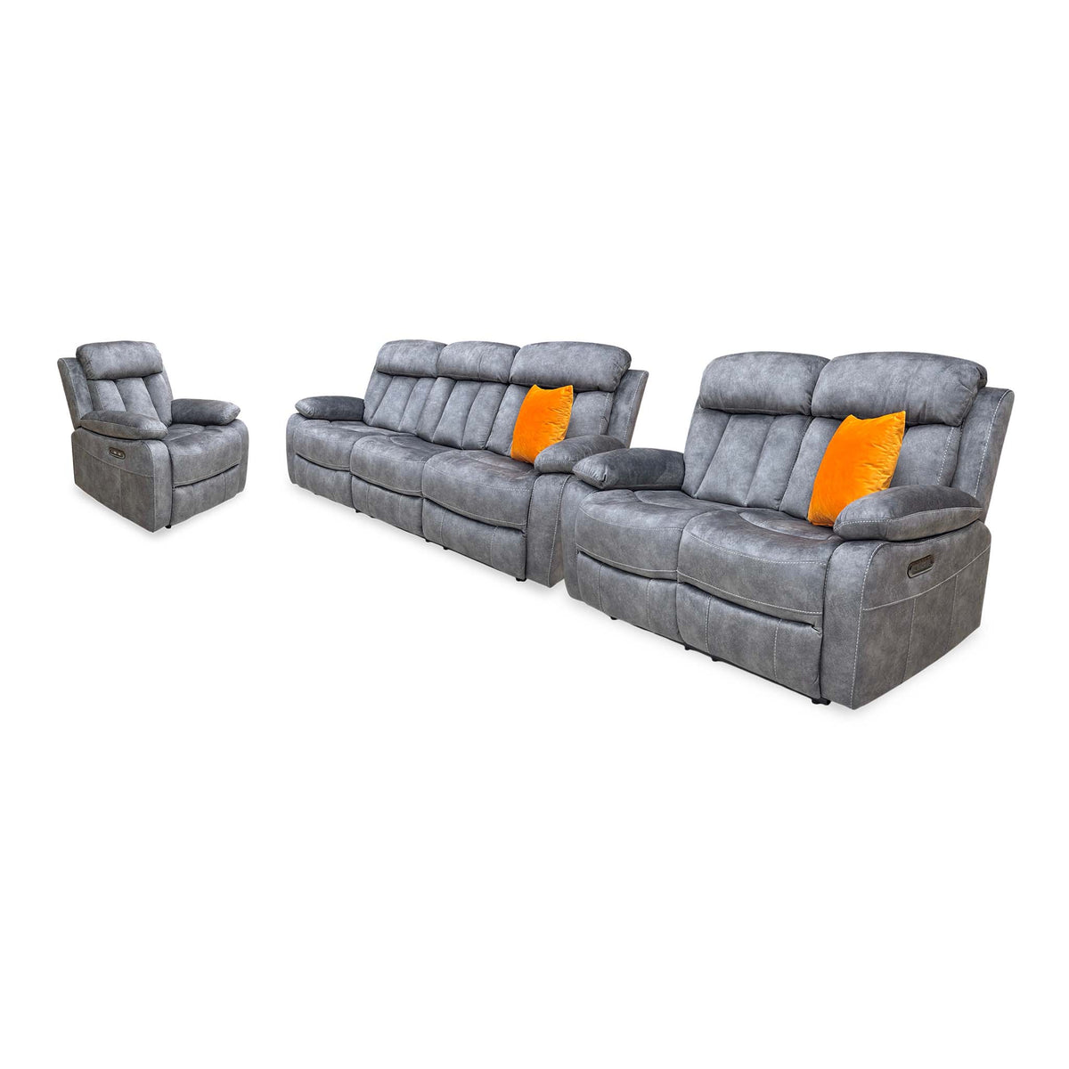 'Merrion' Dapple Charcoal Fabric 3 + 2 Seater Power Reclining Sofa Set with Drop-Down Cup Holders & Power Chair