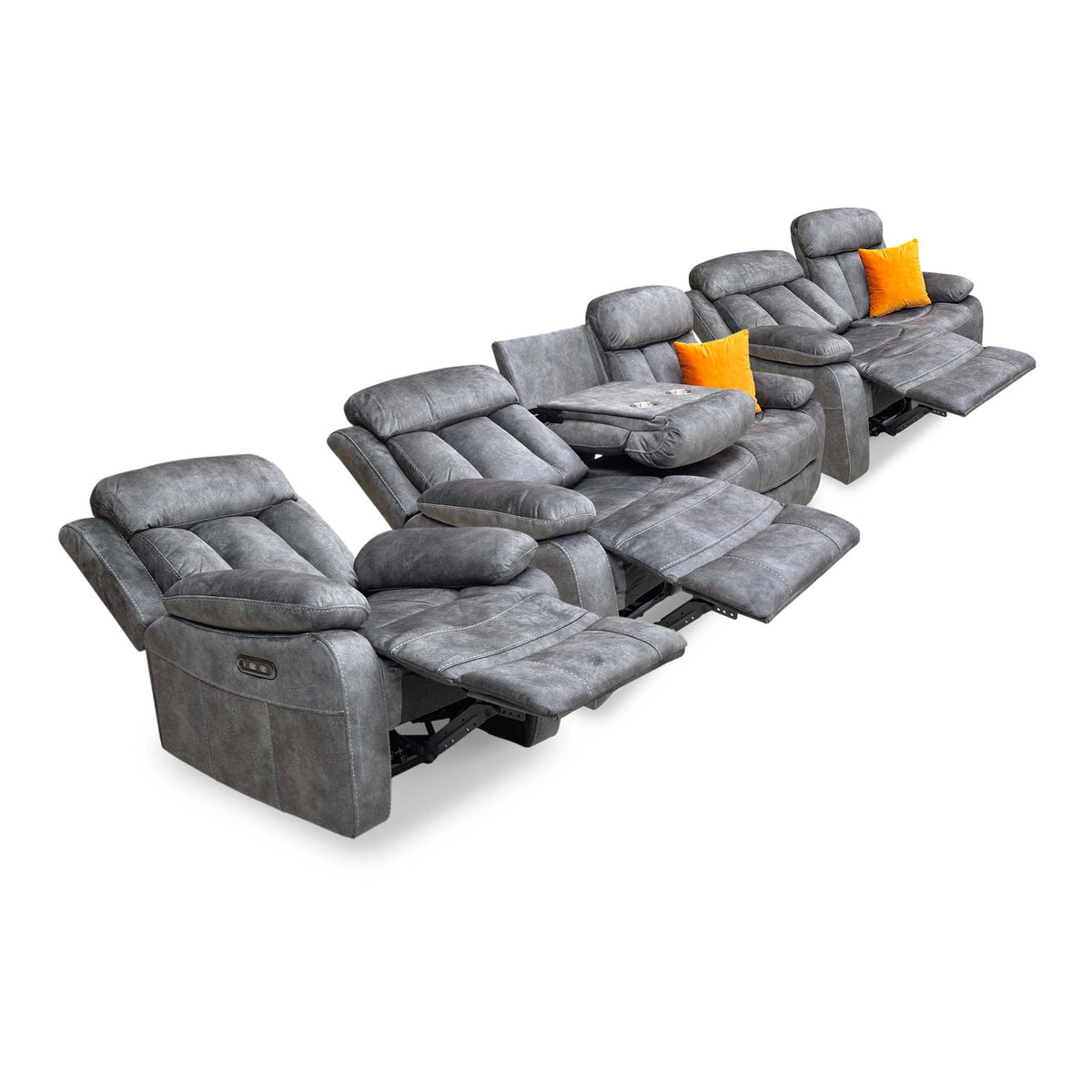 'Merrion' Dapple Charcoal Fabric 3 + 2 Seater Power Reclining Sofa Set with Drop-Down Cup Holders & Power Chair