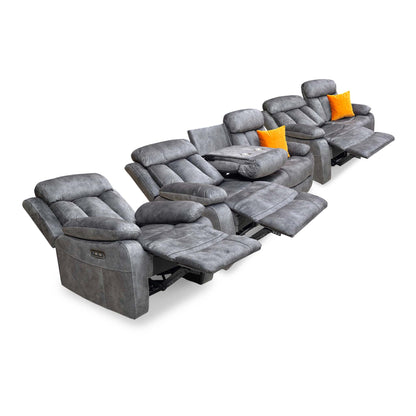 'Merrion' Dapple Charcoal Fabric 3 + 2 Seater Power Reclining Sofa Set with Drop-Down Cup Holders & Power Chair