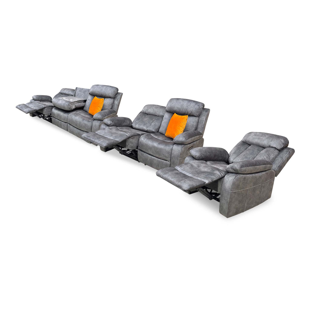 'Merrion' Dapple Charcoal Fabric 3 + 2 Seater Power Reclining Sofa Set with Drop-Down Cup Holders & Power Chair